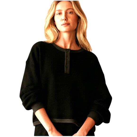 The Great Tops - The Great THE FLEECE HENLEY SWEATSHIRT In Black Size 0 XS Oversized $195